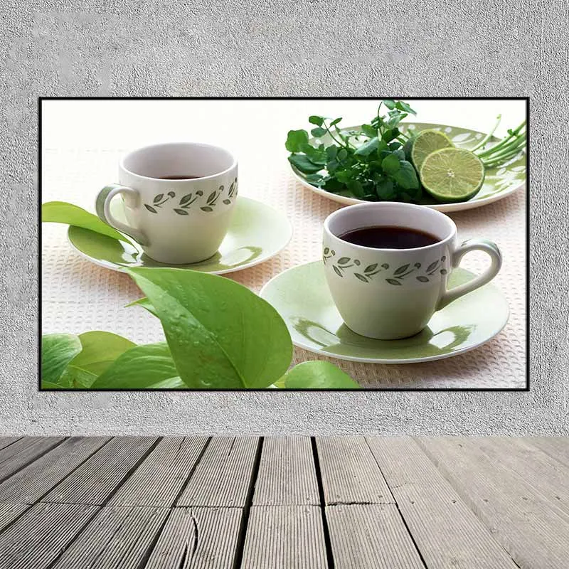 Tranh 2 tách trà đĩa đựng chanh