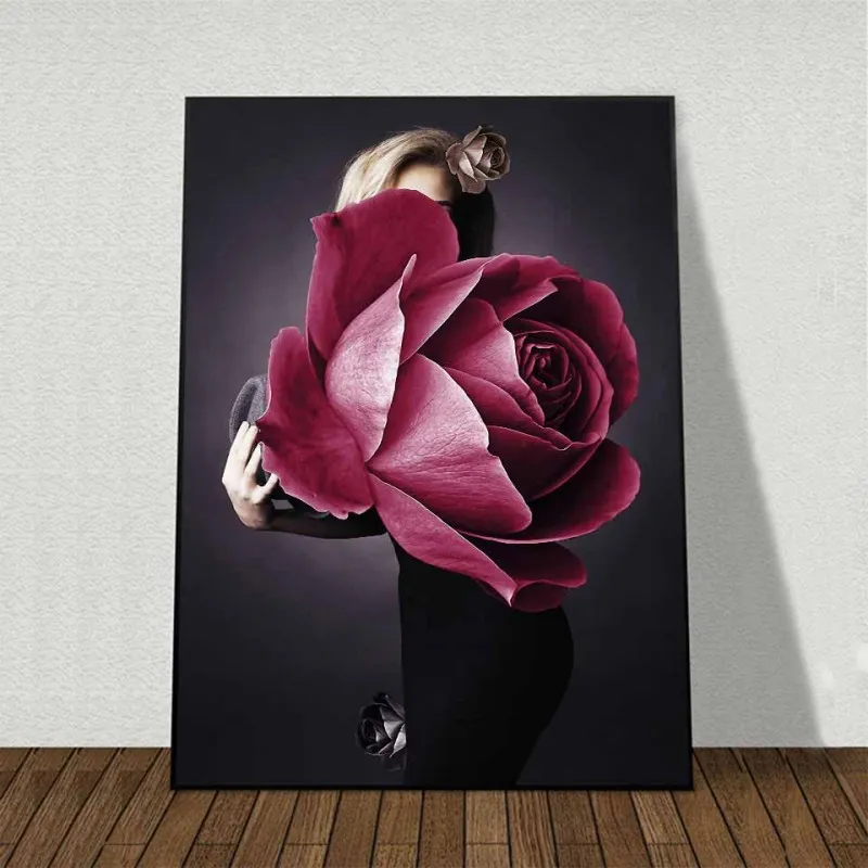 Tranh canvas chân dung cô gái và bông hoa hồng che mặt
