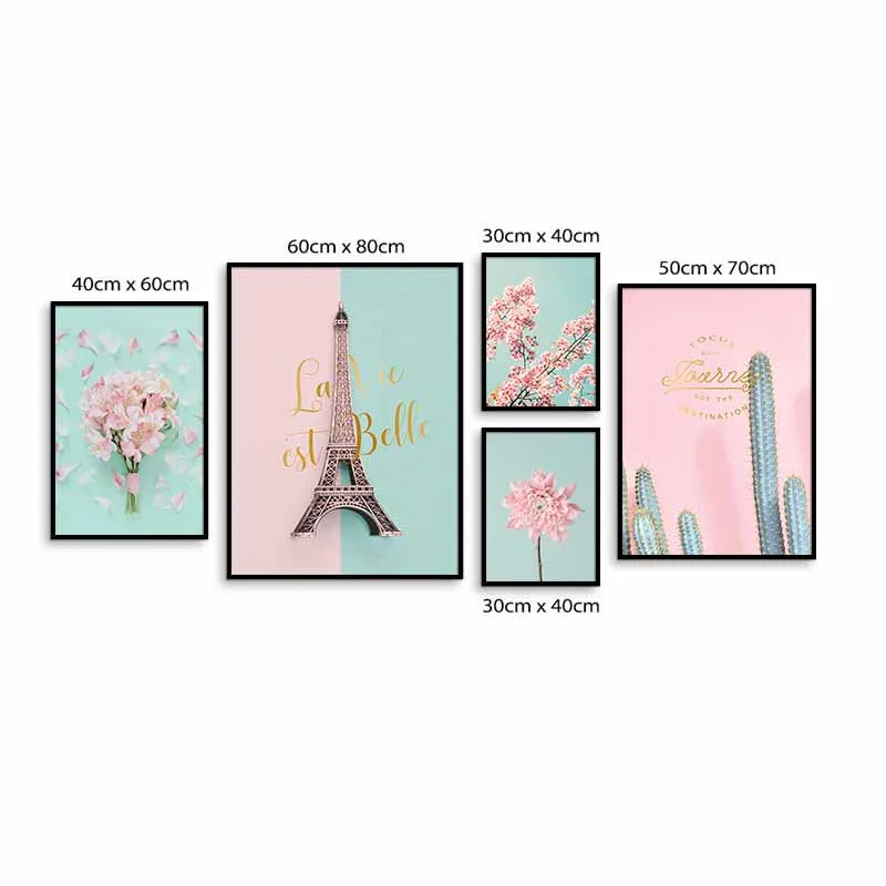 Tranh tháp Eiffel, cúc bất tử, hoa anh đào, hoa ly và xương rồng