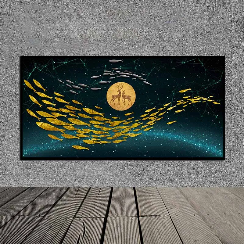 Tranh nai và đàn cá trừu tượng