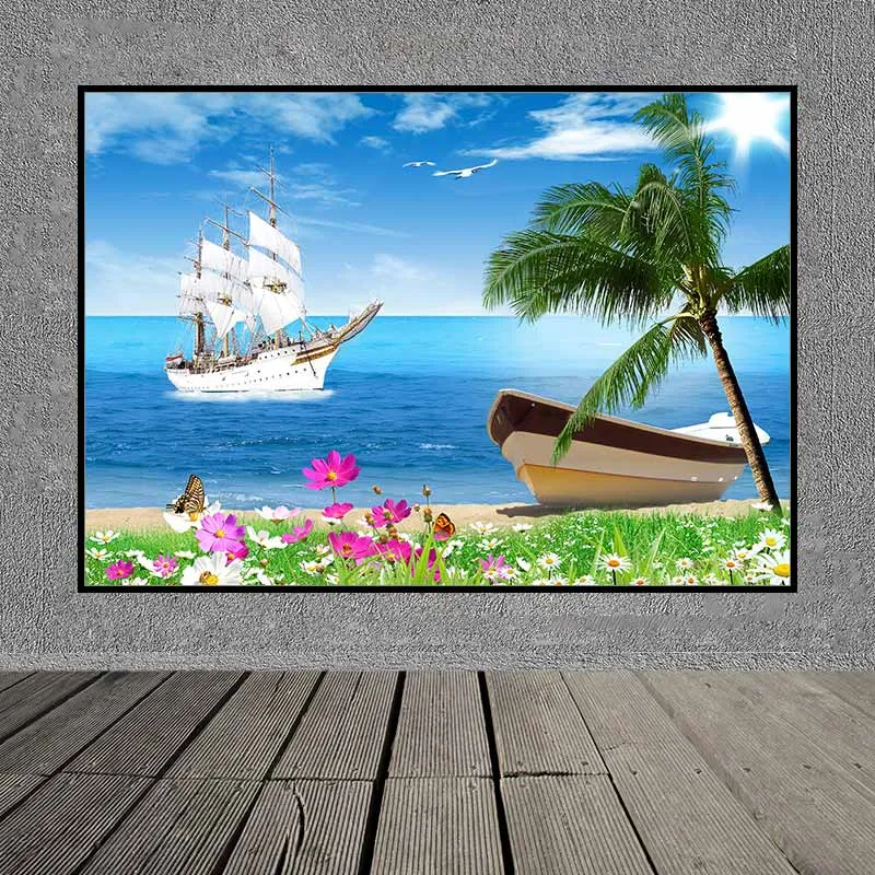 Tranh canvas phong cảnh biển và thuyền buồm trắng