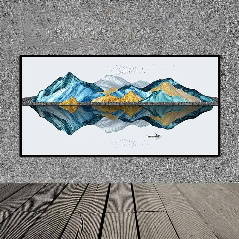 Tranh phong cảnh người chèo thuyền trên sông, đồi núi trừu tượng treo phòng ngủ