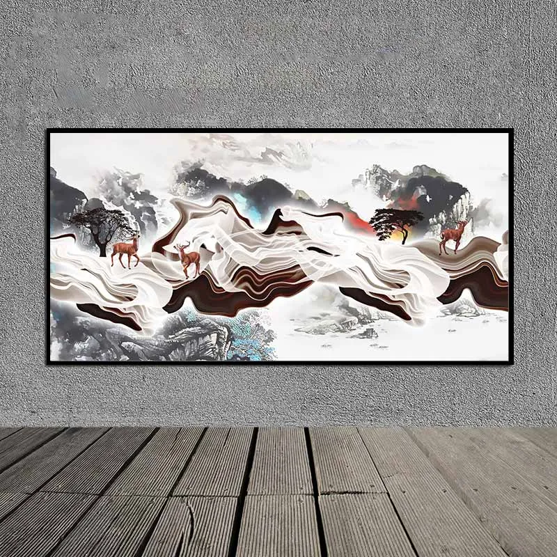 Tranh trừu tượng núi đồi và đàn hươu nai