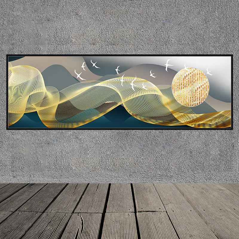 Tranh dải mây, đàn chim và mặt trời trừu tượng