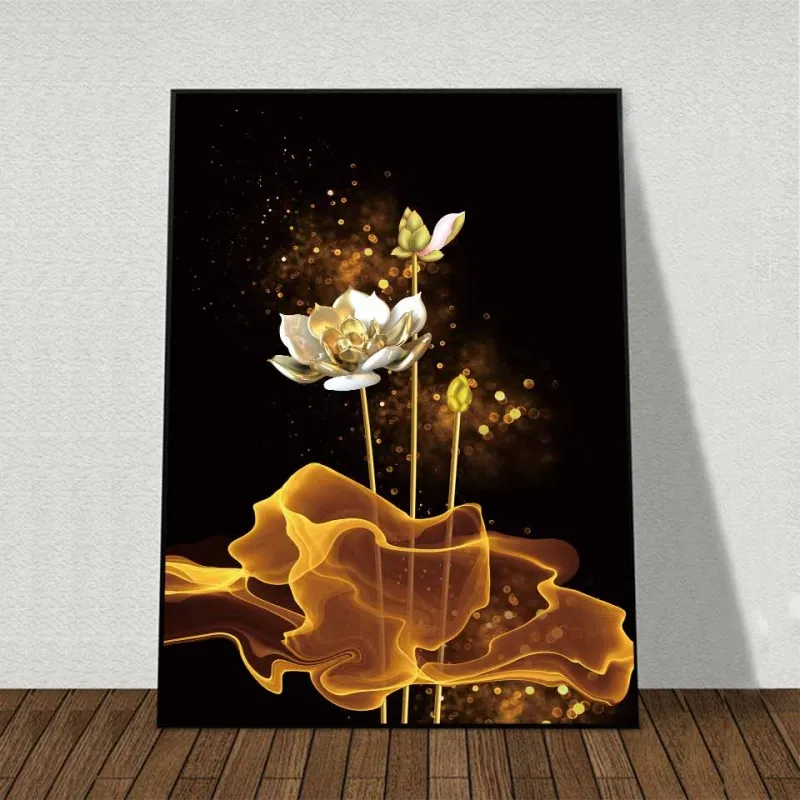Tranh canvas hoa sen trắng trên nền vàng đen trừu tượng