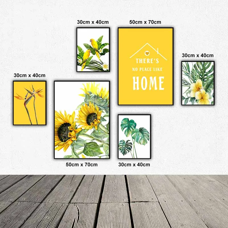 Tranh hoa hướng dương, lá cây nhiệt đới, hoa thiên điểu, đôi chim vẹt, chim két vàng