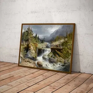 Tranh phong cảnh miền núi với những người khai thác gỗ gần thác nước