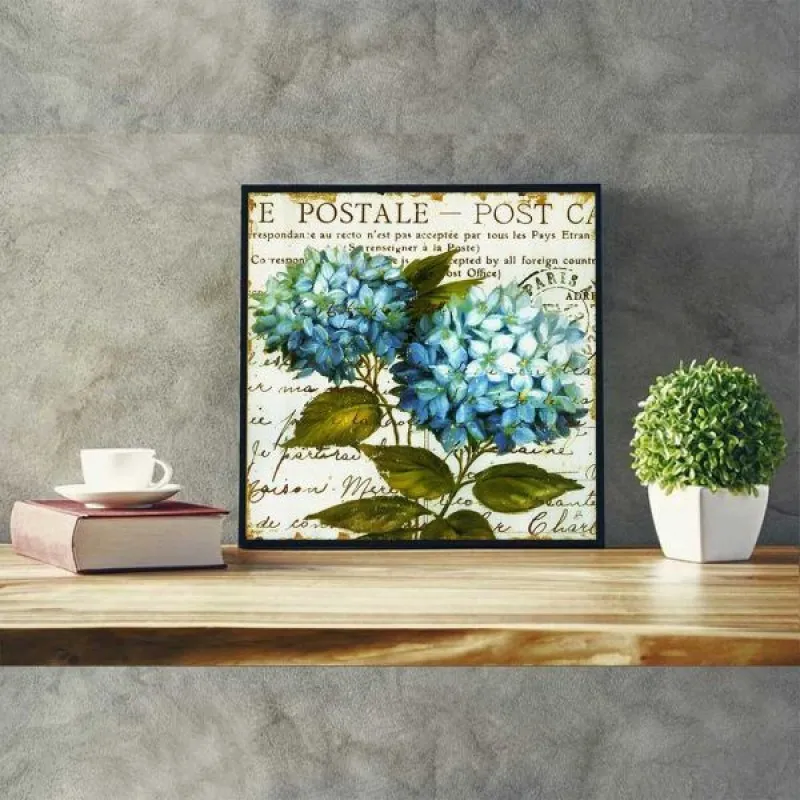 Tranh hoa cẩm tú cầu xanh theo phong cách Vintage