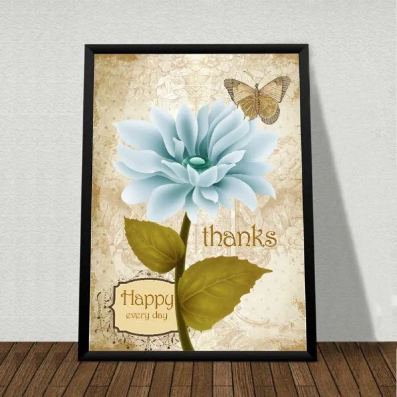 Tranh hoa và bướm kết hợp chữ Happy Thanks