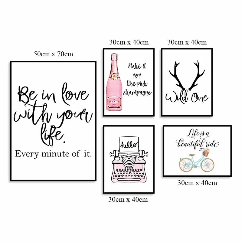 Tranh Scandinavian chai rượu, máy đánh chữ và xe đạp