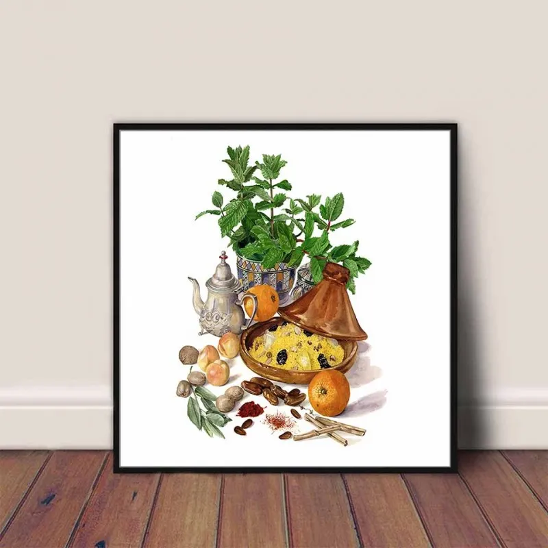 Tranh canvas chai rượu vang, hoa quả, trái cây, bắp cải, hành tỏi