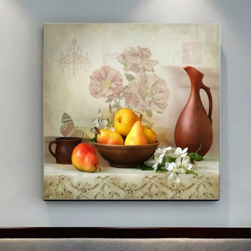 Tranh tĩnh vật quả lê, quả cam và bình đất nung