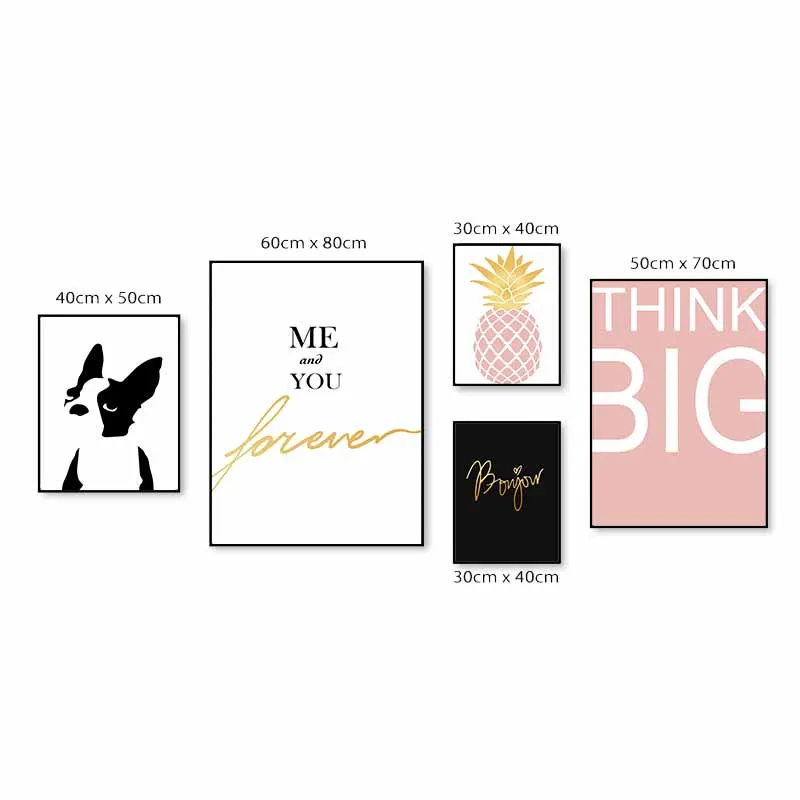 Tranh Bắc âu Scandinavian chữ, quả dứa và chó french bulldog