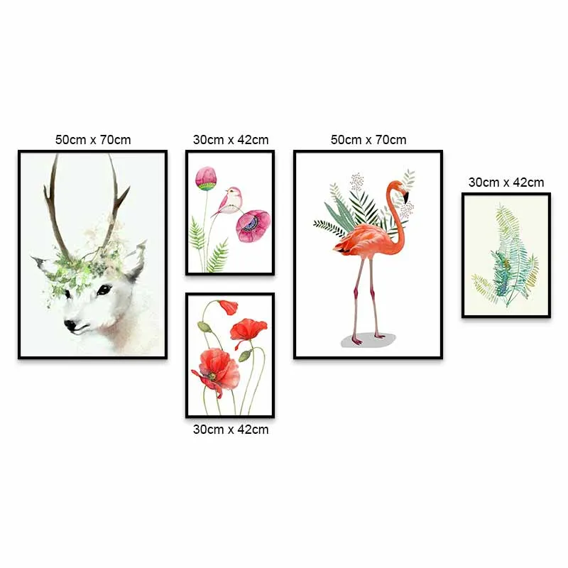 Tranh Scandinavian đầu nai trừu tượng, hồng hạc và hoa