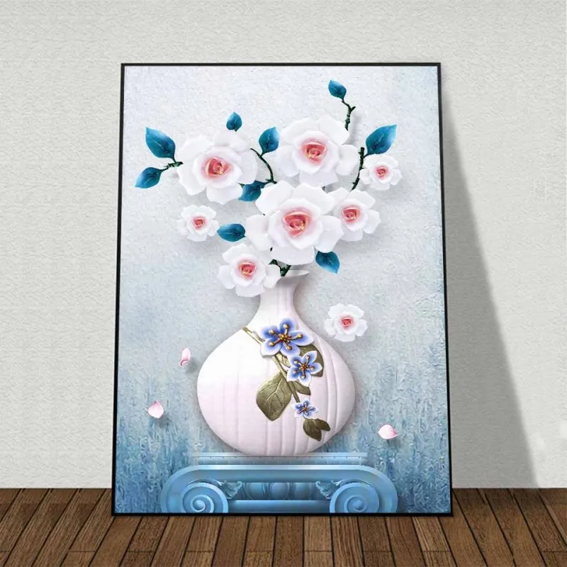 Tranh canvas chim công xanh và bình hoa anh đào