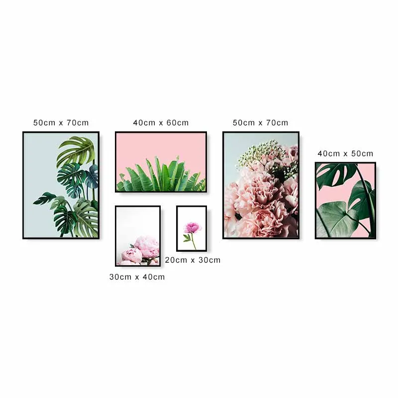 Tranh bộ Scandinavian hoa Mẫu đơn, lá chuối và hoa hồng