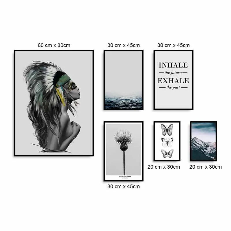 Tranh Scandinavian cô gái thổ dân đội mũ lông chim, cảnh biển, núi đồi