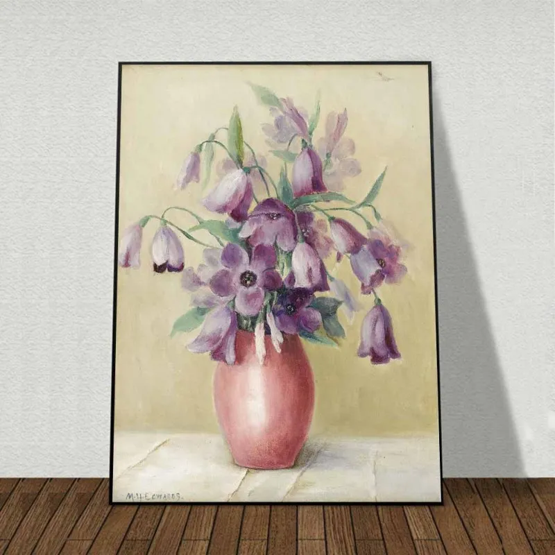 Tranh bộ tĩnh vật 3 bình hoa Anemone hồng, hoa Campanula tím và hoa Peony