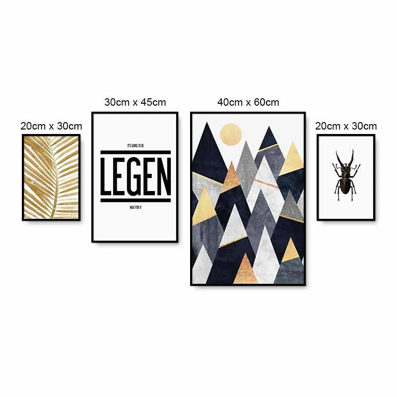 Tranh Scandinavian lá vàng gold, chữ legen, bọ hung và núi đồi trừu tượng