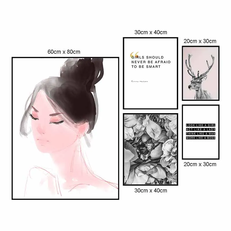 Tranh canvas Scandinavian chân dung cô gái, nai và hoa kết hợp chữ