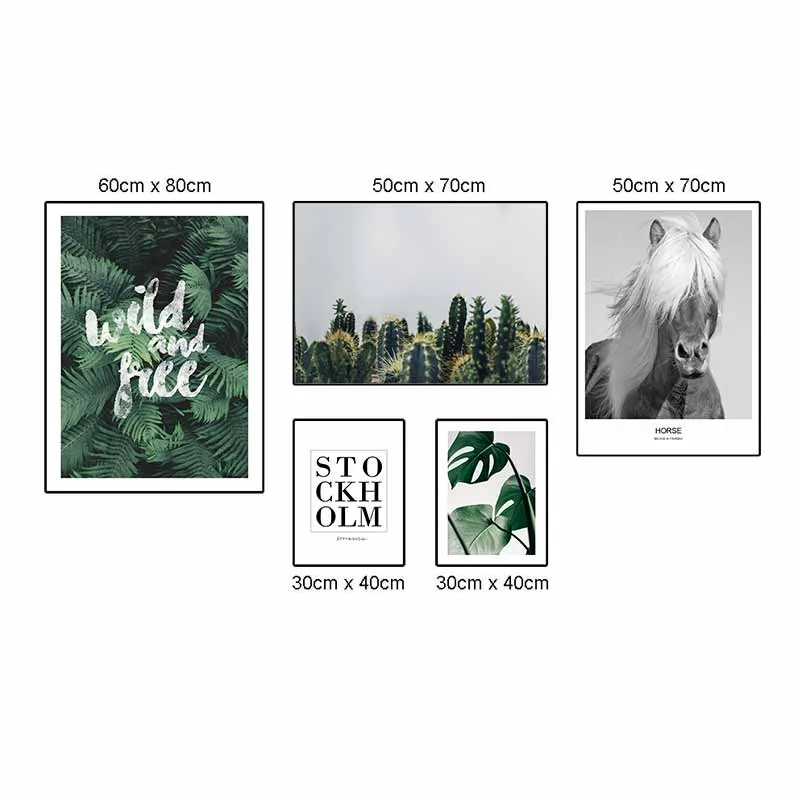 Tranh Canvas Scandinavian lá cây nhiệt đới và ngựa kết hợp chữ