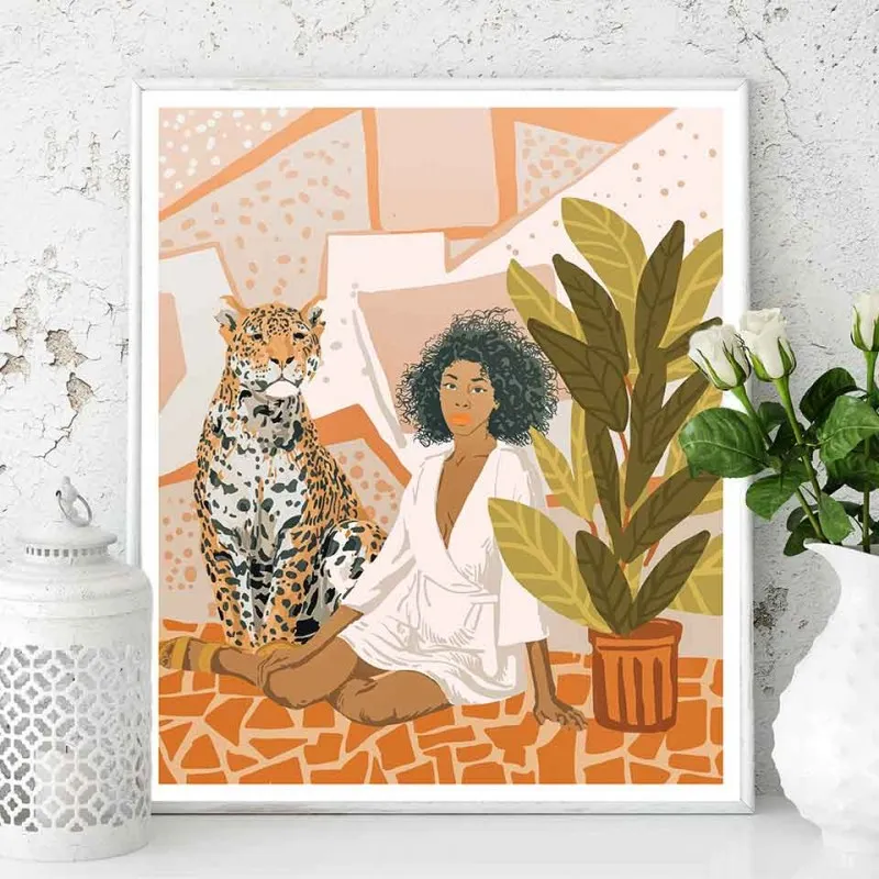 Tranh canvas cô gái và báo hoa