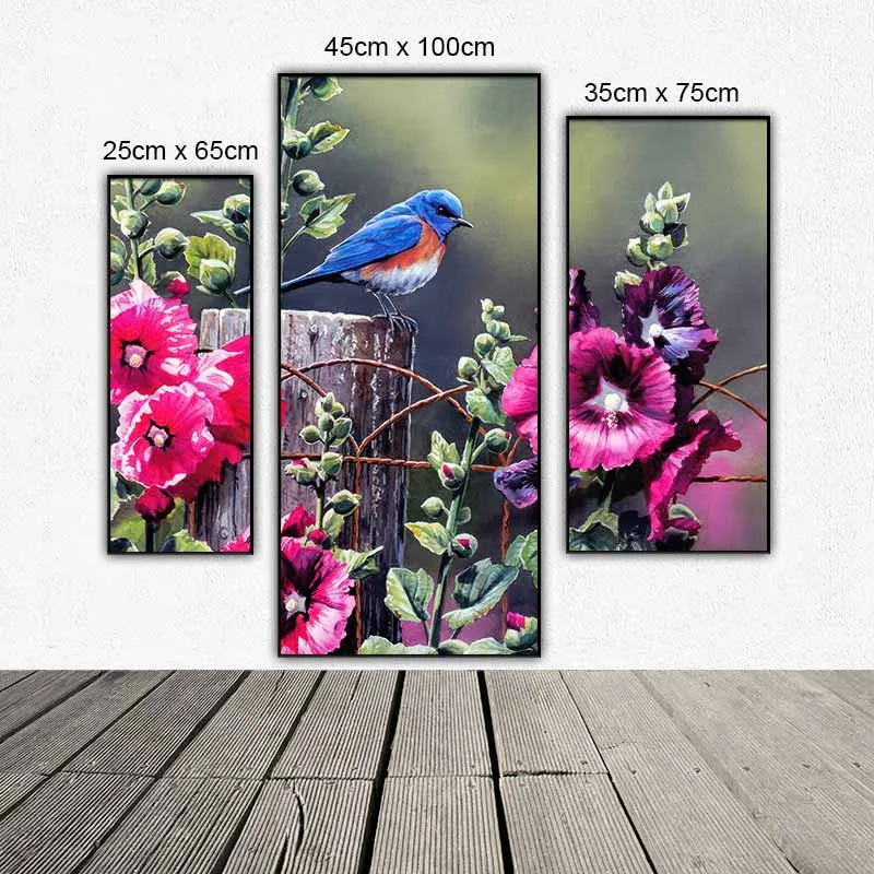 Tranh bộ 3 tấm ghép chim và hoa