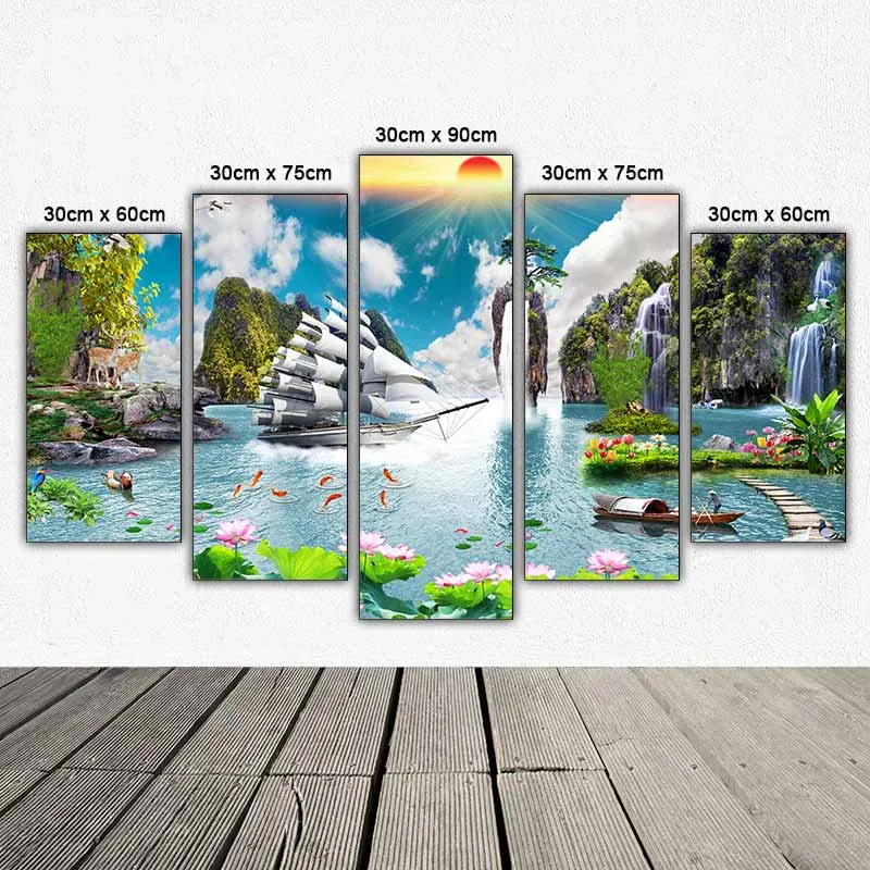 Tranh thuận buồm trên nền thác nước, hoa sen hồng, người trèo thuyền và đôi vịt uyên ương