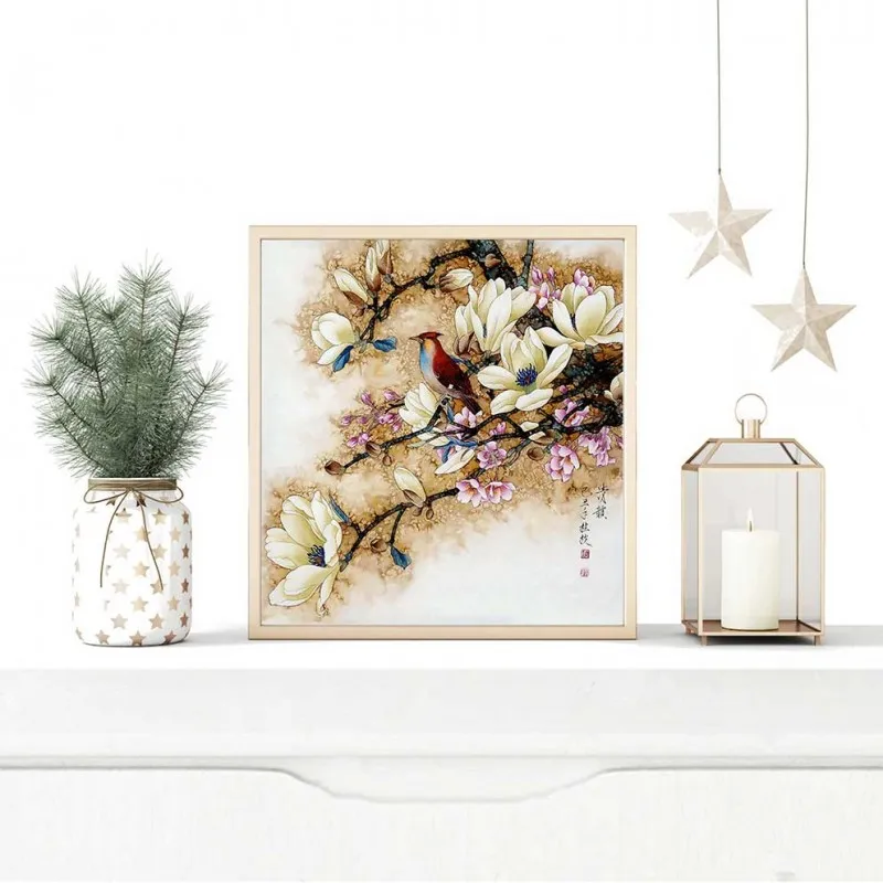 Tranh Chú Chim Đậu Trên Cành Hoa