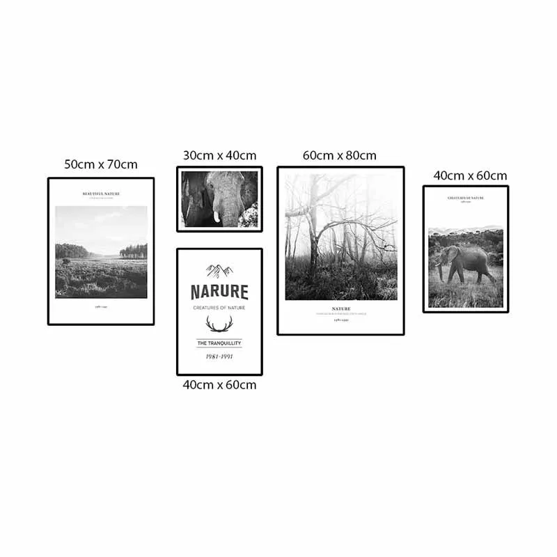 Tranh Scandianvian phong cảnh rừng và voi đen trắng