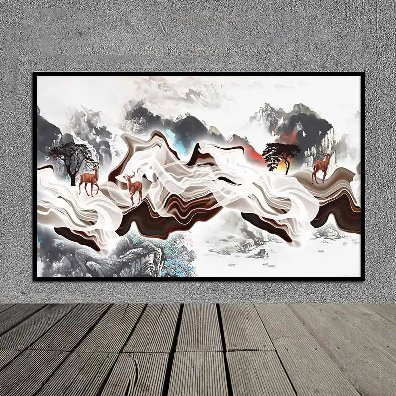 Tranh trừu tượng núi đồi và đàn hươu nai