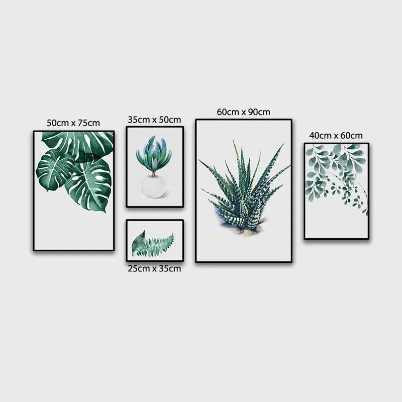 Tranh lá cây nhiệt đới xương rồng, lá trầu bà, lá dương xỉ