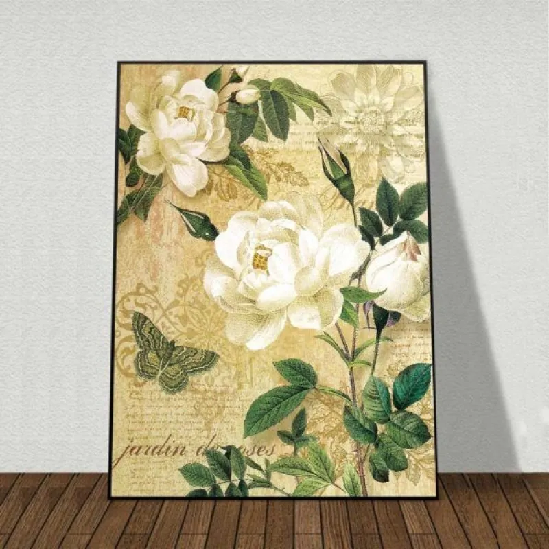 Tranh hoa Trà trắng theo phong cách Vintage