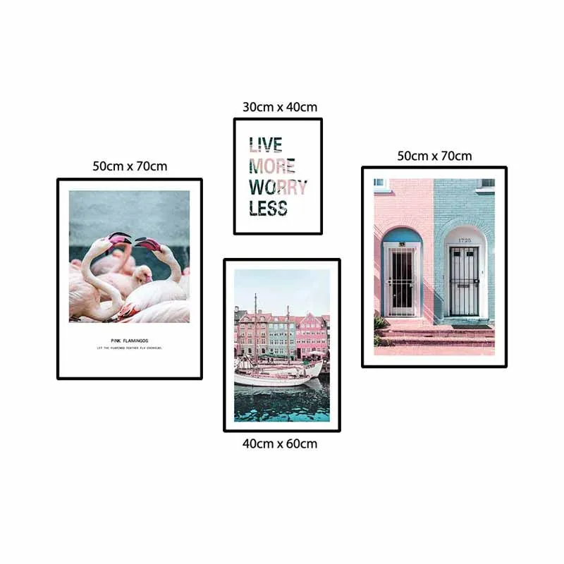 Tranh Scandinavian phong cảnh thành phố bên dòng sông và chim hồng hạc