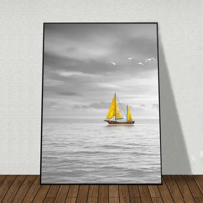 Tranh canvas thuyền buồm vàng, cây dừa vàng trừu tượng và sếu đầu đỏ Nhật Bản