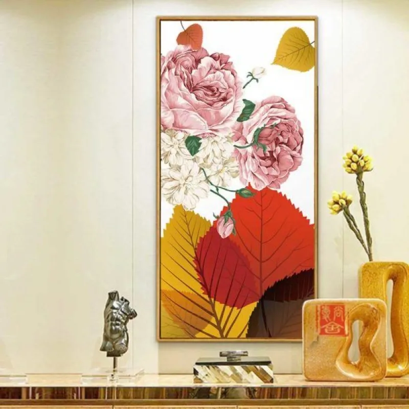 Tranh hoa Mẫu Đơn và lá vàng mùa Thu