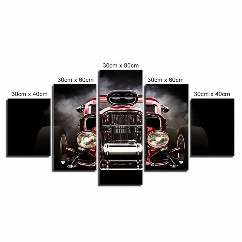 Tranh ghép xe ô tô cổ màu đỏ trên nền đen trắng