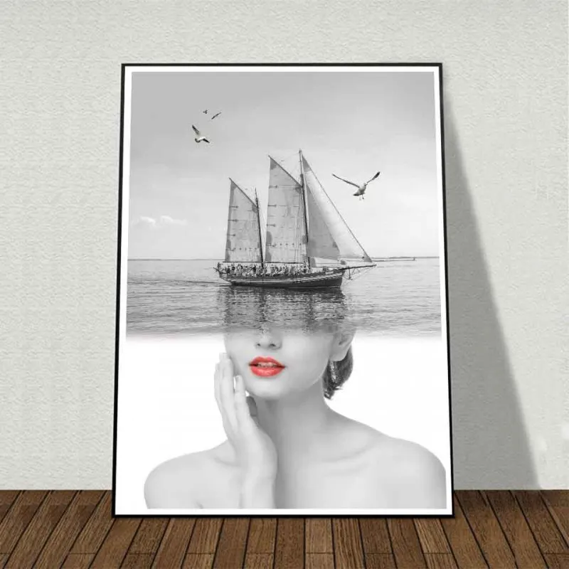 Tranh canvas cô gái đen trắng với môi hồng trừu tượng