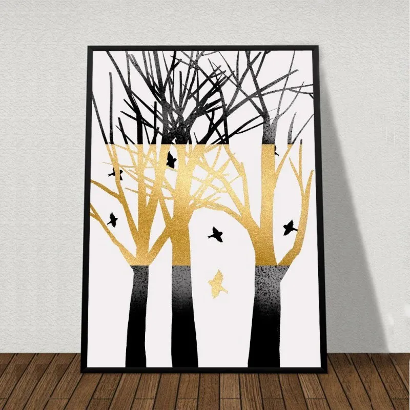 Tranh bộ trừu tượng gồm cây khô, nai, các hình tròn, chữ spirit, abstract simple