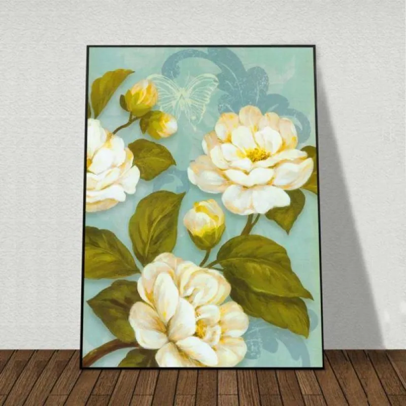 Tranh hoa Trà trắng và hoa lan Hồ Điệp trắng