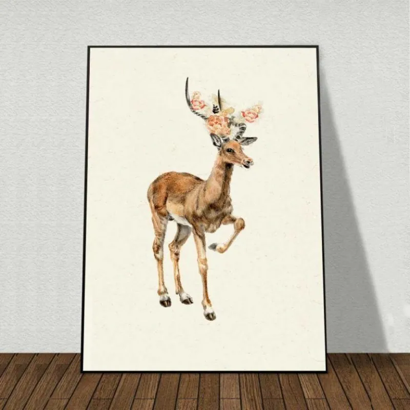 Tranh nai sừng hoa và cây hoa trừu tượng