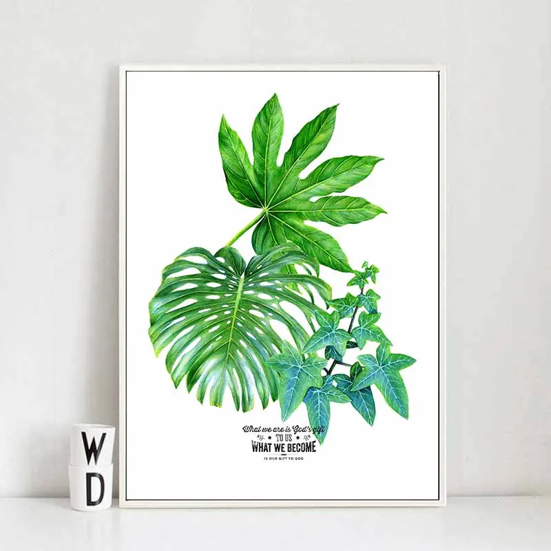 Tranh hoa lá, cây trầu bà nhiệt đới và chim vẹt