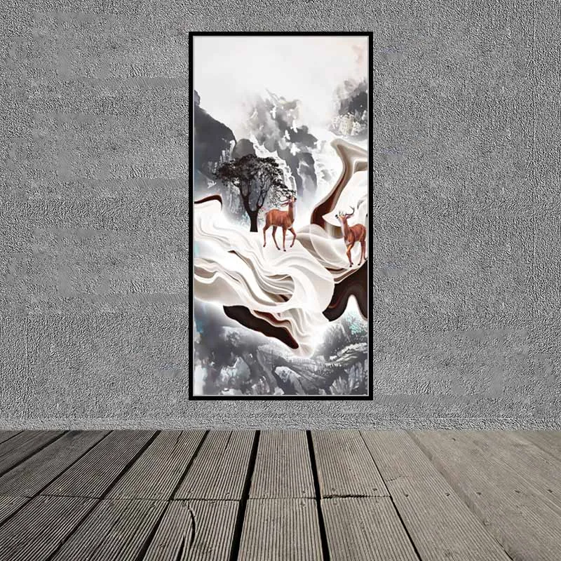 Tranh trừu tượng núi đồi và đàn hươu nai