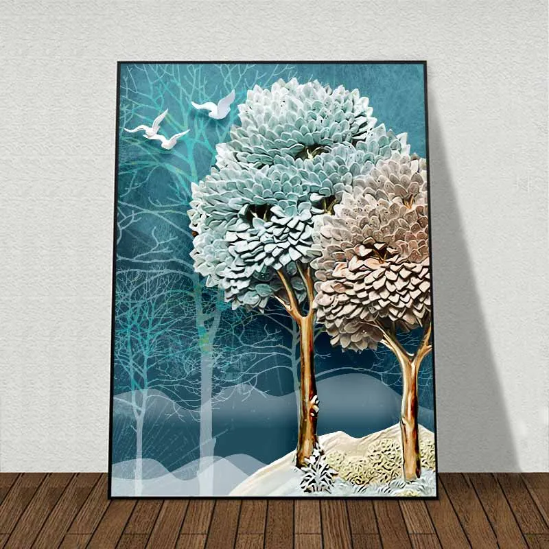 Tranh 2 mẹ con nai bên hàng cây trừu tượng