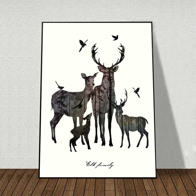 Tranh hươu cao cổ và gia đình nai dưới cây khô trừu tượng