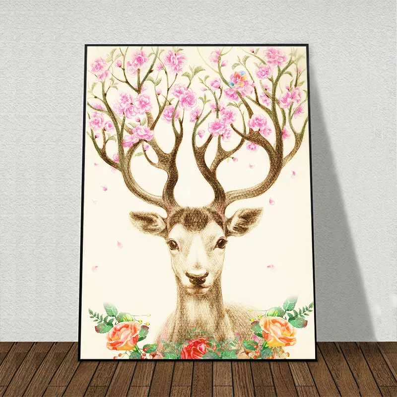 Tranh Nai trừu tượng và vòng hoa hồng quanh cổ