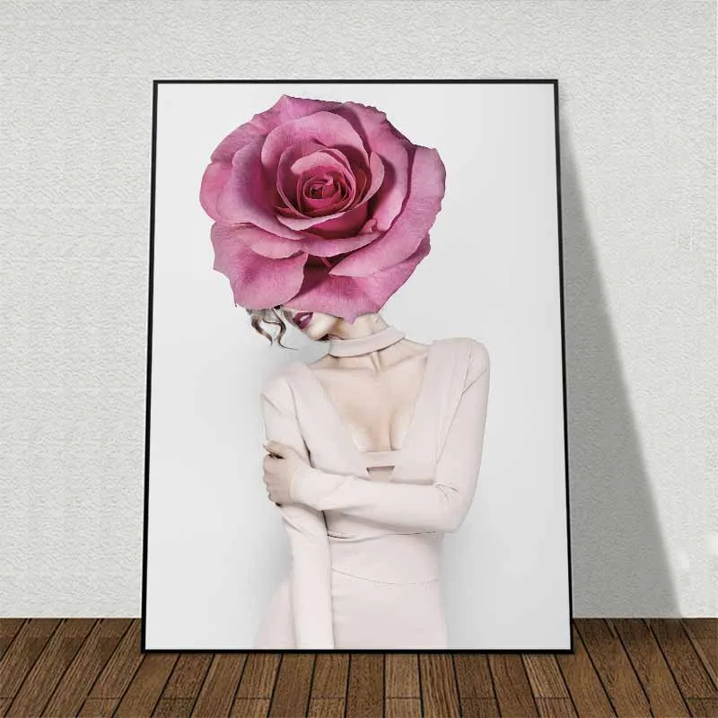 Tranh cô gái và hoa hồng xanh che mặt