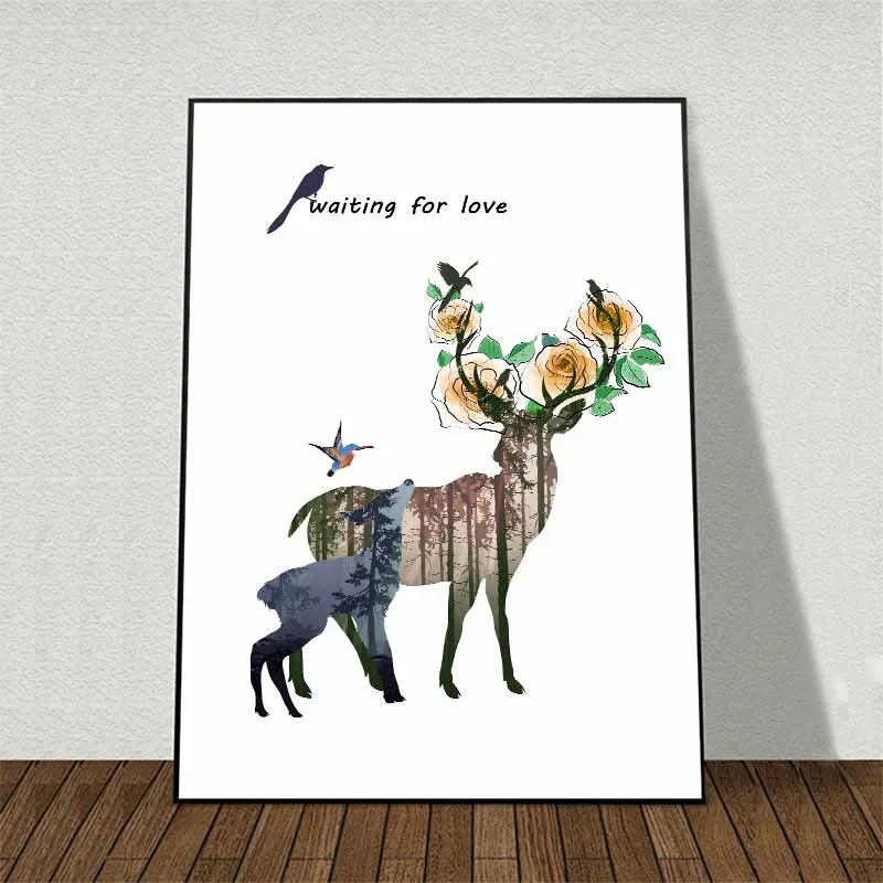 Tranh gia đình nai trừu tượng và hoa hồng trên sừng