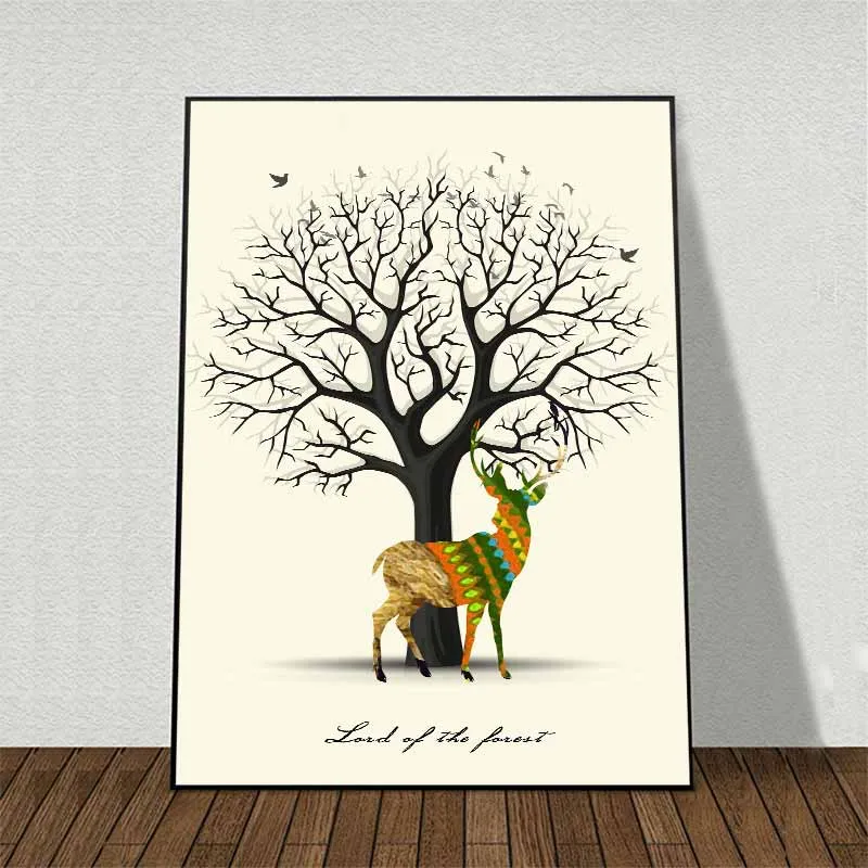 Tranh trừu tượng hươu nai bên cành cây khô