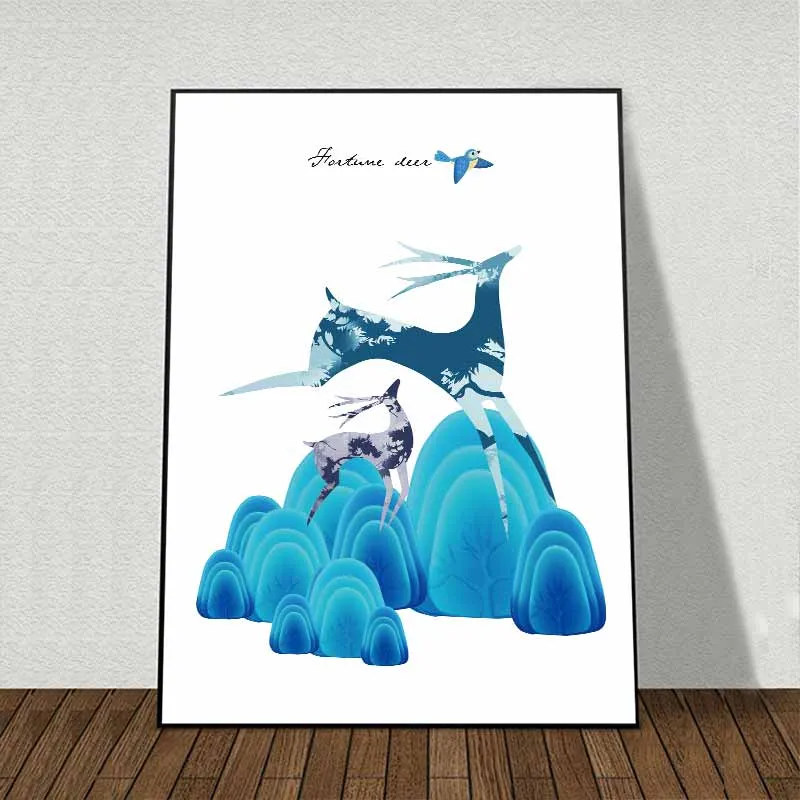 Tranh Nai cách điệu chạy nhảy trên những tảng đá màu xanh trừu tượng